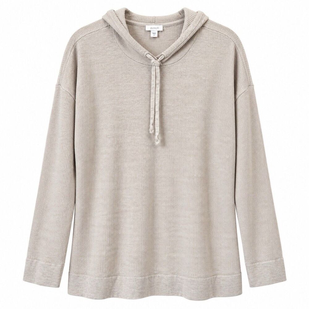 Pure Jill Hooded Top L Khaki Lightweight Waffle Knit Pullover Minimalist Coastal - Picture 2 of 8